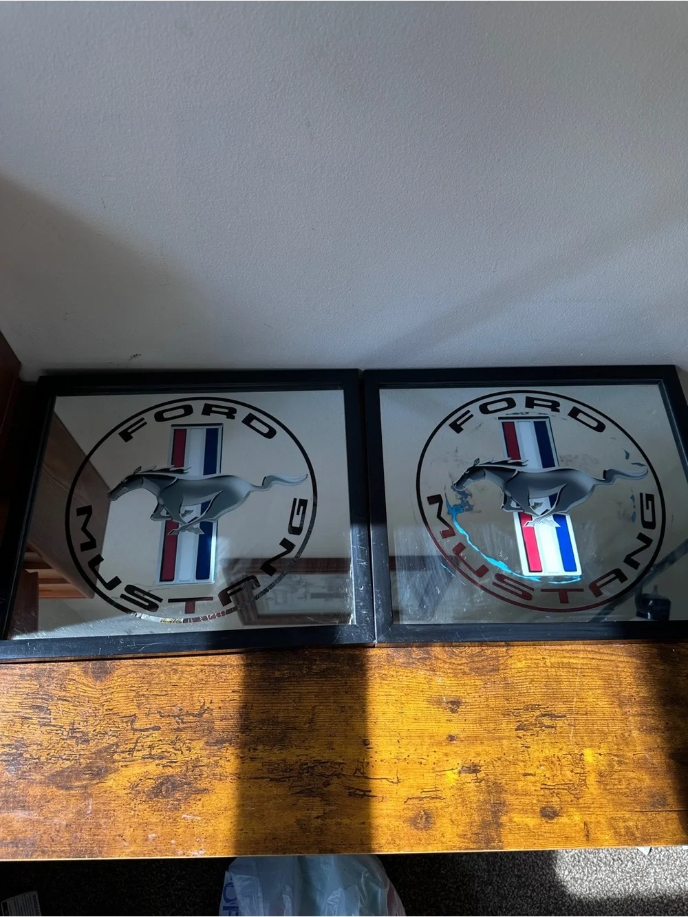 Set of 2 Vtg Ford Mustang Framed Bar Mirrors Tri-Bar Pony Sign Man Cave Garage